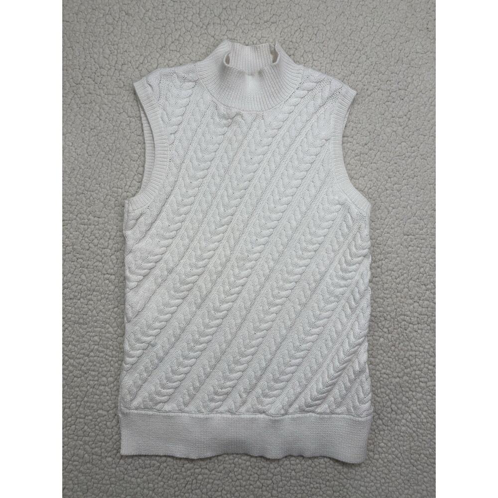 NWT TALBOTS Sweater Vest Womens Small PetitE PS Cable Knit Mock Neck‎ White